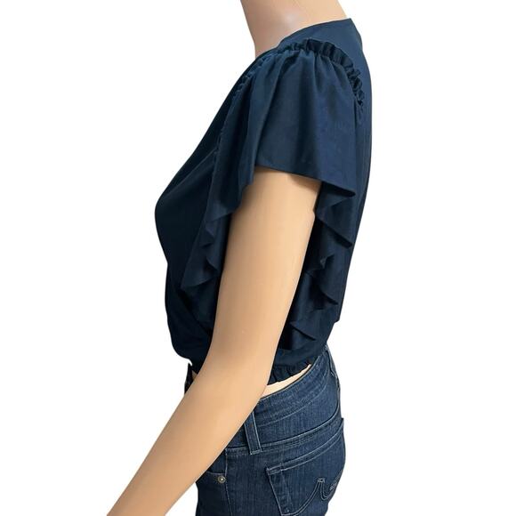 Anthropologie Ruffle Faux Wrap Top XS Navy Blue Cropped Flutter Sleeve Casual - Picture 2 of 9